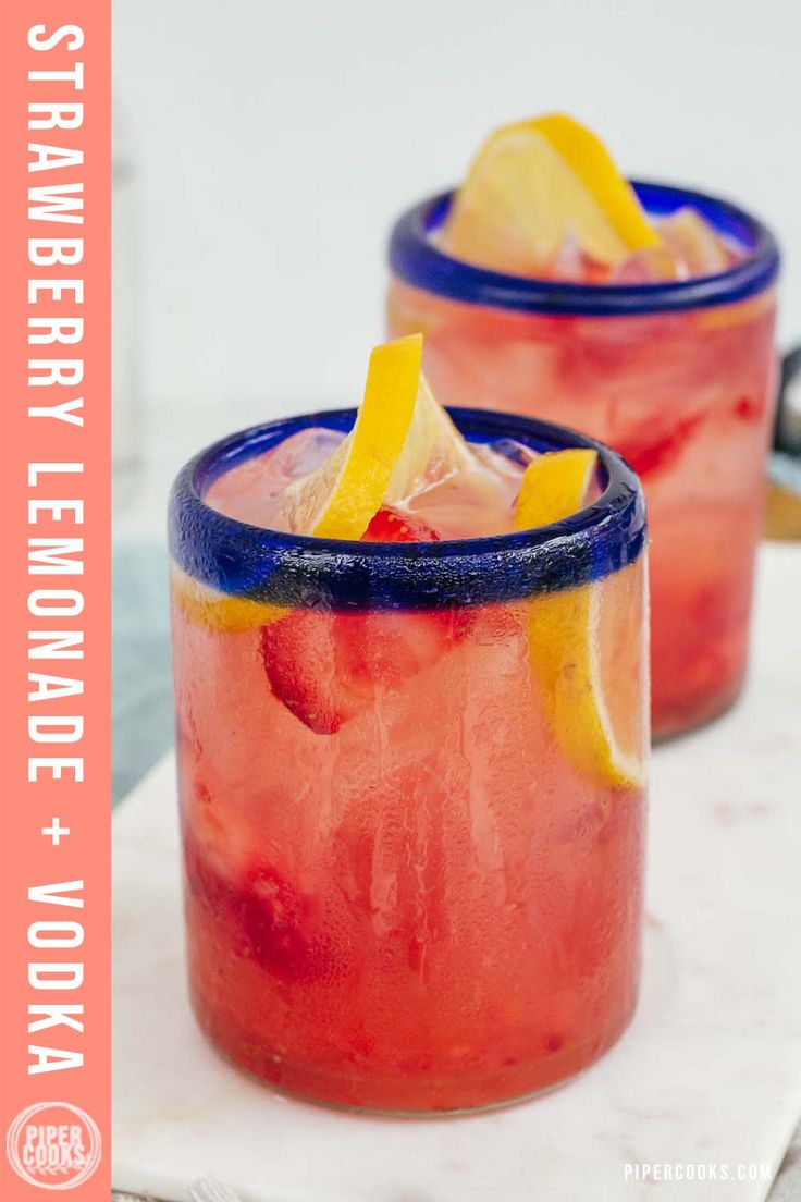 two glasses filled with watermelon lemonade and vodka on top of a white napkin