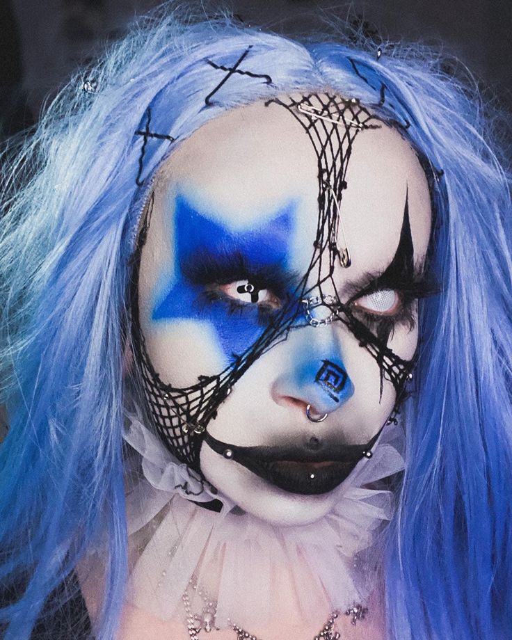 Alien Clown Makeup, Scary Rainbow Clown Makeup, Goth Star Makeup, Demon Clown Makeup, Uv Clown Makeup, Goth Clown Makeup Halloween, Star Clown Makeup, Purple Clown Makeup, Blue Clown Makeup