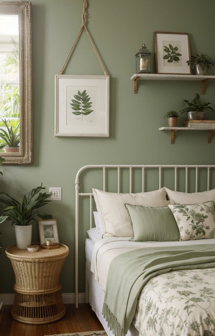 a bedroom with green walls, white bedding and plants on shelves above the bed