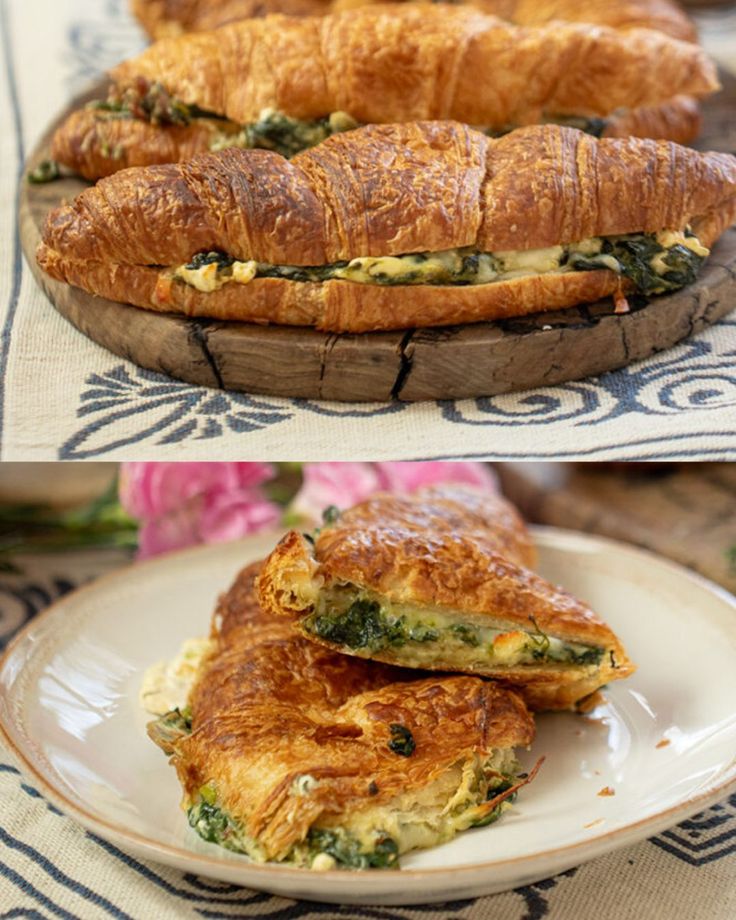 there are two pictures of different pastries on the same plate, and one has an omelet in it