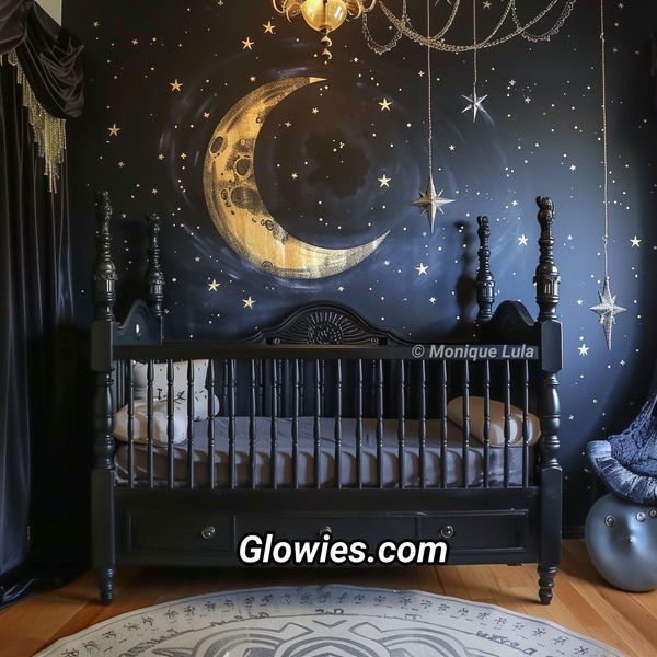 a baby's room decorated in black and white with stars, moon and chandelier