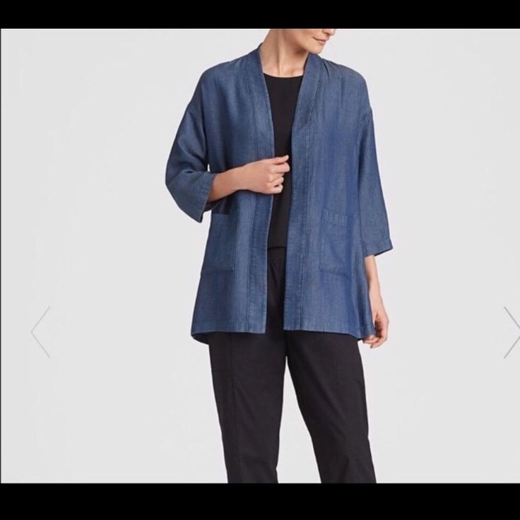 The Kimono Jacket With A New Take On Denim. Soft And Drapey, With Squares That Resemble Quilting. Easy, A-Line Shape. High Collar With Open Front; Dropped Shoulders; Patch Pockets. Seam Detail At Center Back. Fabric: Smoother And Softer Than Denim, A Yarn-Dyed Grid With The Lightness And Fluidity Of Tencel. Jacquard Woven And Washed For Subtle Texture. Bust 38”, Length 29” Machine Wash Cold Chic Relaxed Fit Denim Blue Outerwear, Relaxed Fit Spring Outerwear For Casual Gatherings, Relaxed Fit Outerwear For Casual Spring Gatherings, Chic Spring Outerwear For Casual Gatherings, Spring Denim Jacket For Layering, Denim Blue Summer Workwear Outerwear, Denim Blue Summer Outerwear For Work, Casual Indigo Outerwear For Spring, Relaxed Fit Outerwear For Summer Casual Gatherings