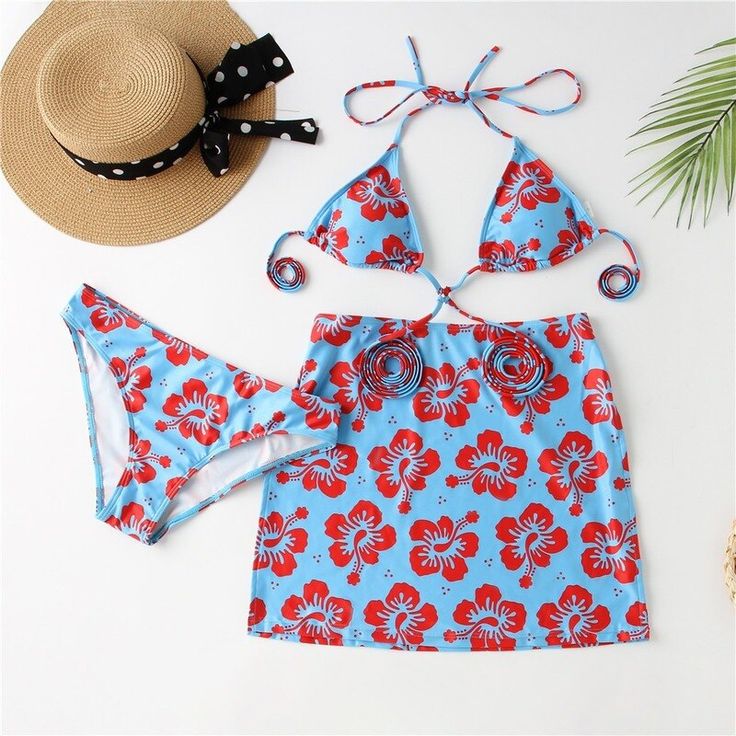 Tavimart Sexy Bikini 2023 Three Pieces Floral Print Swimsuit With Beach Skirt New Swimwear Women Bikini Brazilian Bathing Suit Beachwear Low Waisted Pants, Triangle Halter Top, Beachwear Brands, Crop Top Dress, Coverup Skirt, Custom Made Clothing, Swimwear Women, Beach Skirt, Print Swimsuit