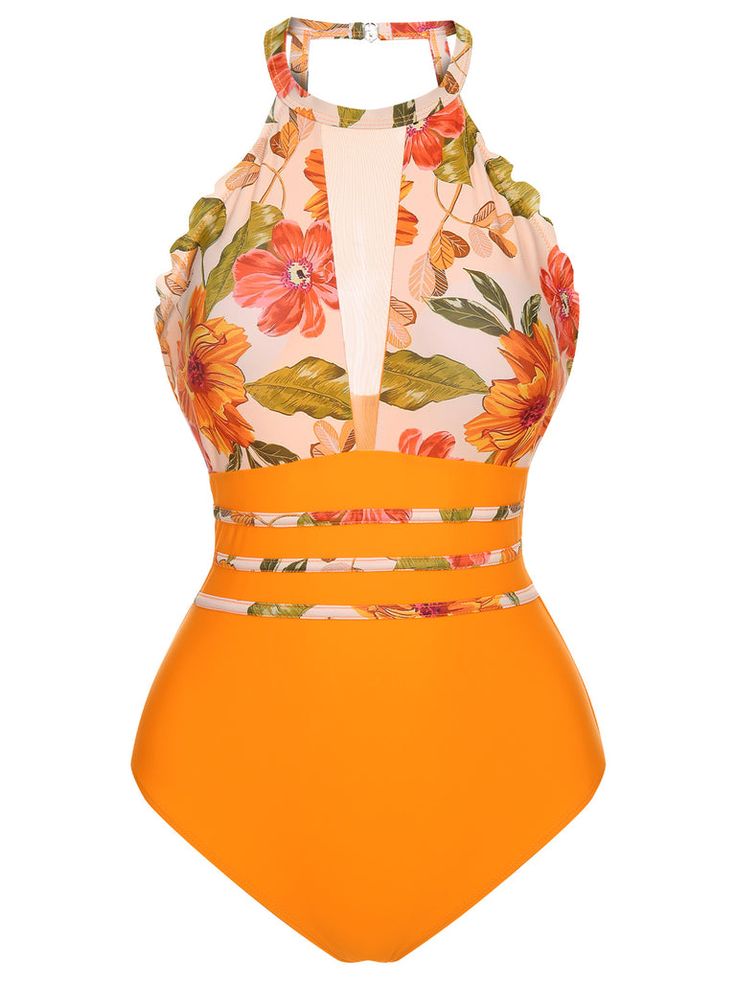 Groovy Swimsuit, Hippie Swimsuit, Vintage Inspired Swimsuit, Orange Things, Retro Clothes, Romper Swimsuit, Floral One Piece Swimsuit, Floral One Piece, Halter One Piece Swimsuit