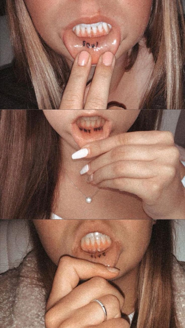 three different pictures of a woman's mouth and hands