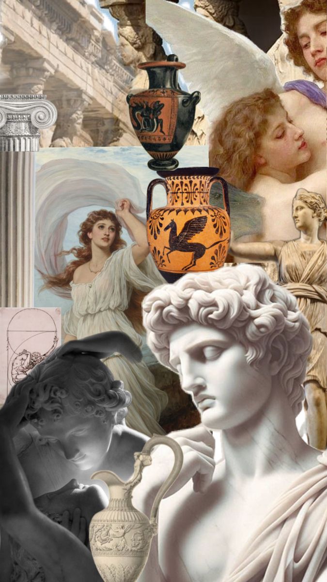 an artistic collage with statues and vases