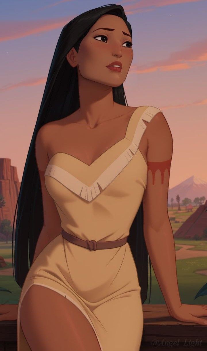 an animated image of a woman with long black hair wearing a white dress and standing in front of a desert landscape