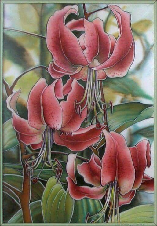 a painting of pink flowers with green leaves