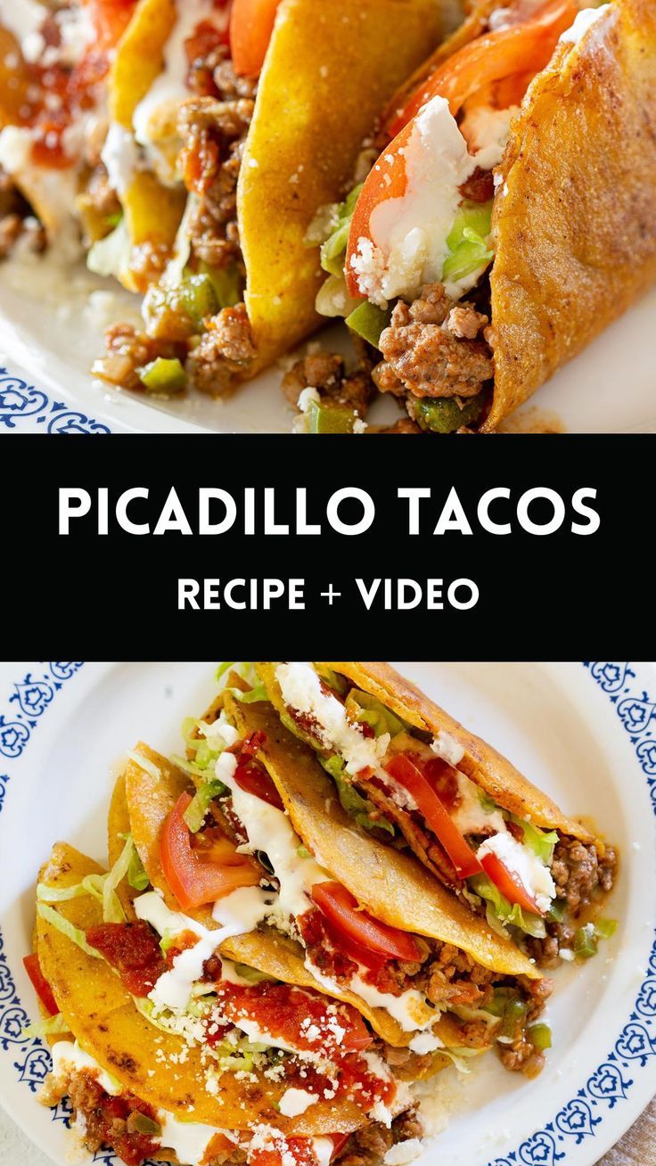 A collage with two photos of picadillo tacos and with text overlay. Green Chili Picadillo Tacos, Tex Mex Tacos Ground Beef, Hamburger Tacos Recipes, Mexican Tacos Authentic Ground Beef, Best Tacos Ground Beef, Picadillo Tacos Ground Beef, Tacos With Potatoes Ground Beef, Authentic Mexican Ground Beef Tacos Recipes, Caldillo Beef Recipe Taco