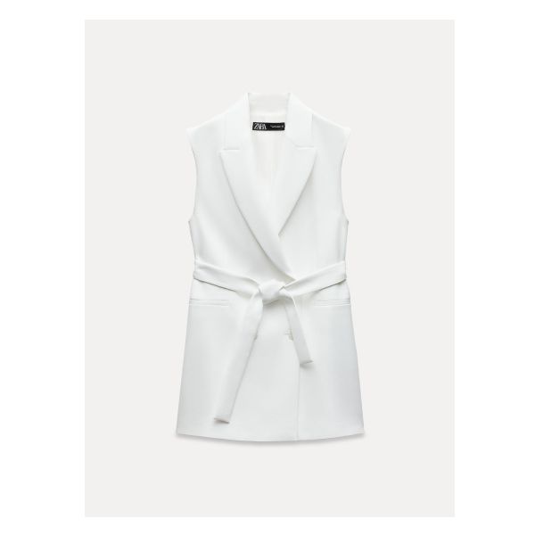 Lapel collar vest. Front welt pockets. Front double breasted button closure with self-belt. Zara White Outerwear With Lapel Collar, Zara Cream Lapel Collar Outerwear, Zara White Double-breasted Outerwear, Zara Double-breasted Blazer With Lapel Collar, Zara Double-breasted Outerwear With Lapel Collar, Long Waistcoat, Work Attire Women, Double Breasted Vest, Collar Vest