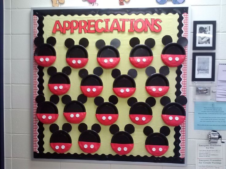 a bulletin board with mickey mouses on it and the words appreciations written in red