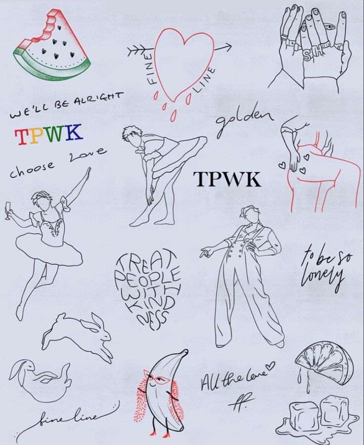 the drawing shows different types of people in various outfits and colors, with words written on them