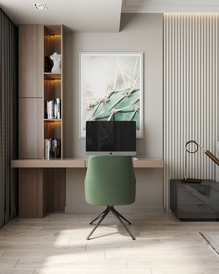 a room with a desk, chair and bookshelf on the wall next to it