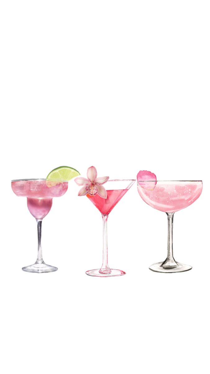 three different colored cocktails in martini glasses