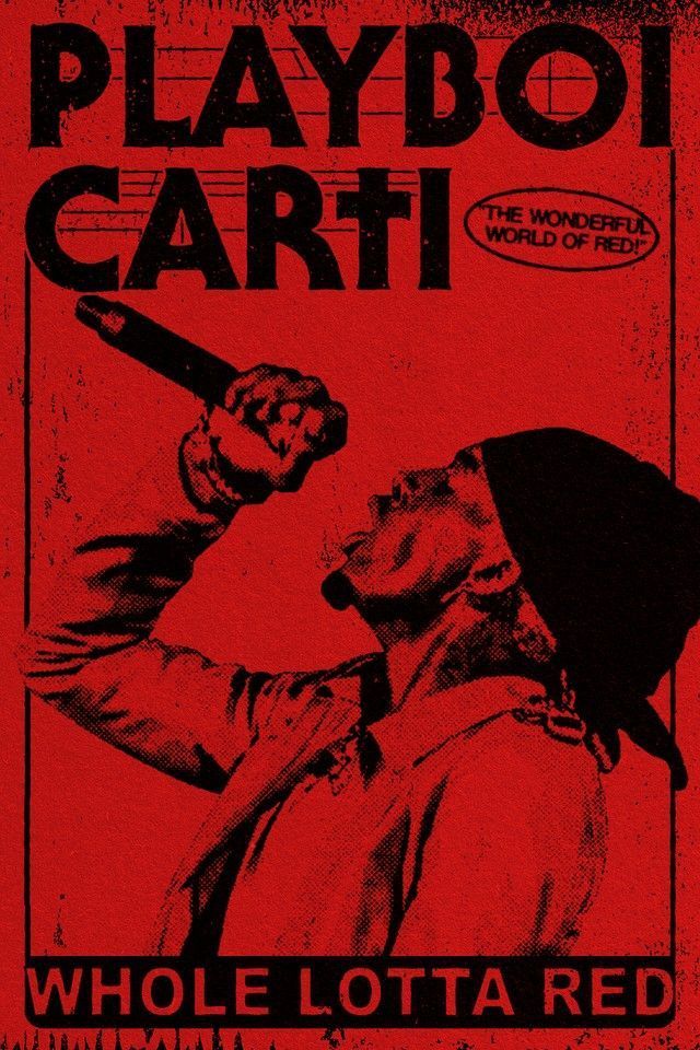 a red poster with an image of a man holding a baseball bat in his hand