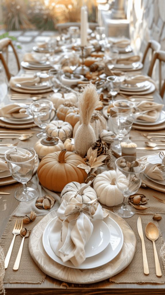 a table set with plates, silverware and pumpkins