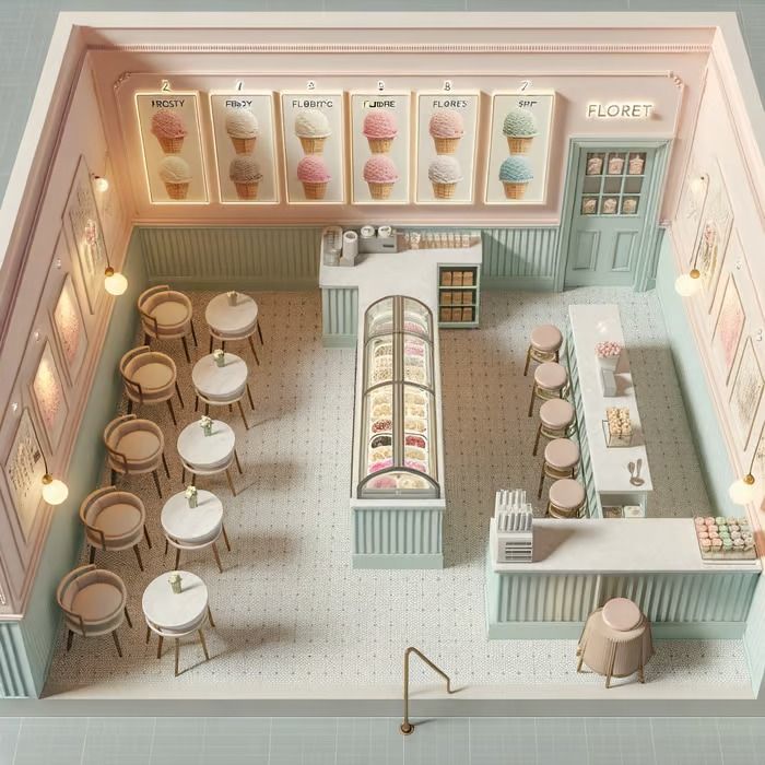 an overhead view of a restaurant with tables, chairs and ice cream parlor on the second floor