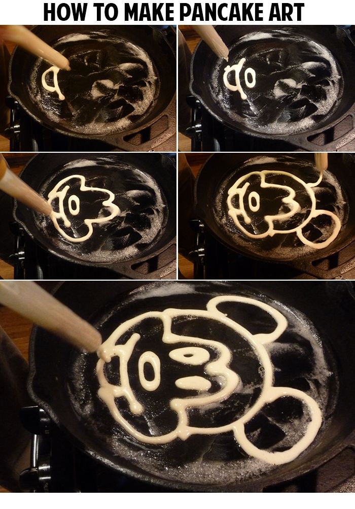 how to make pancake art in the shape of a cartoon character with white icing