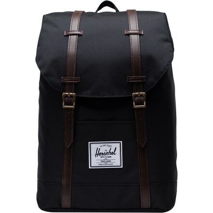 Designed for our daily trips around town, the Herschel Supply Retreat Backpack is a simple, stream-lined backpack with classic rucksack styling and leather straps that give it an old school look. Magnetic closures keep the straps pinned down while also providing easy access to our laptop and daily essentials. Classic School Backpack With Adjustable Strap, Classic Leather Backpack With Adjustable Strap For Outdoor, Classic Black Backpack For Outdoors, Classic Black Outdoor Backpack, Classic Bags For Back To School, Rucksack Style, School Look, Jungle Green, School Looks