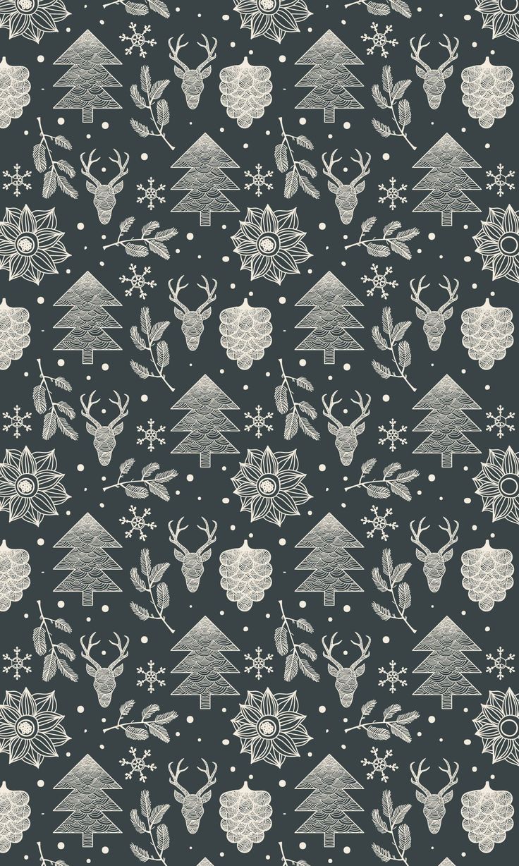 a black and white christmas pattern with trees, deers and snowflakes on it