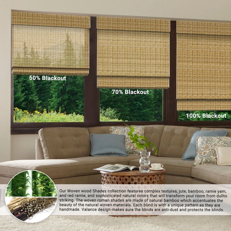 the living room is decorated with bamboo blinds