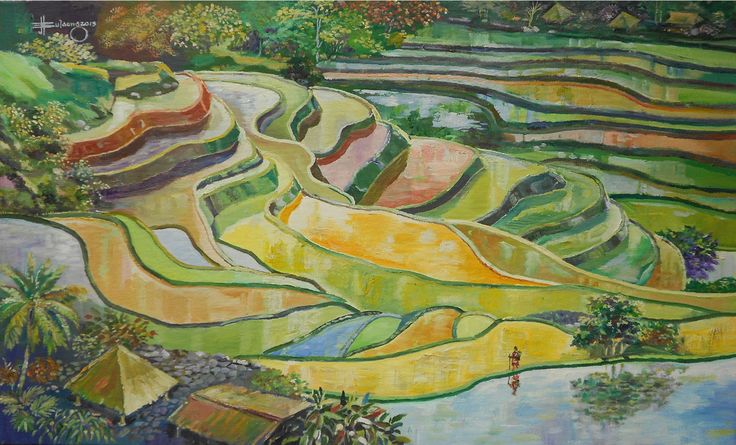 a painting of rice fields with houses and trees