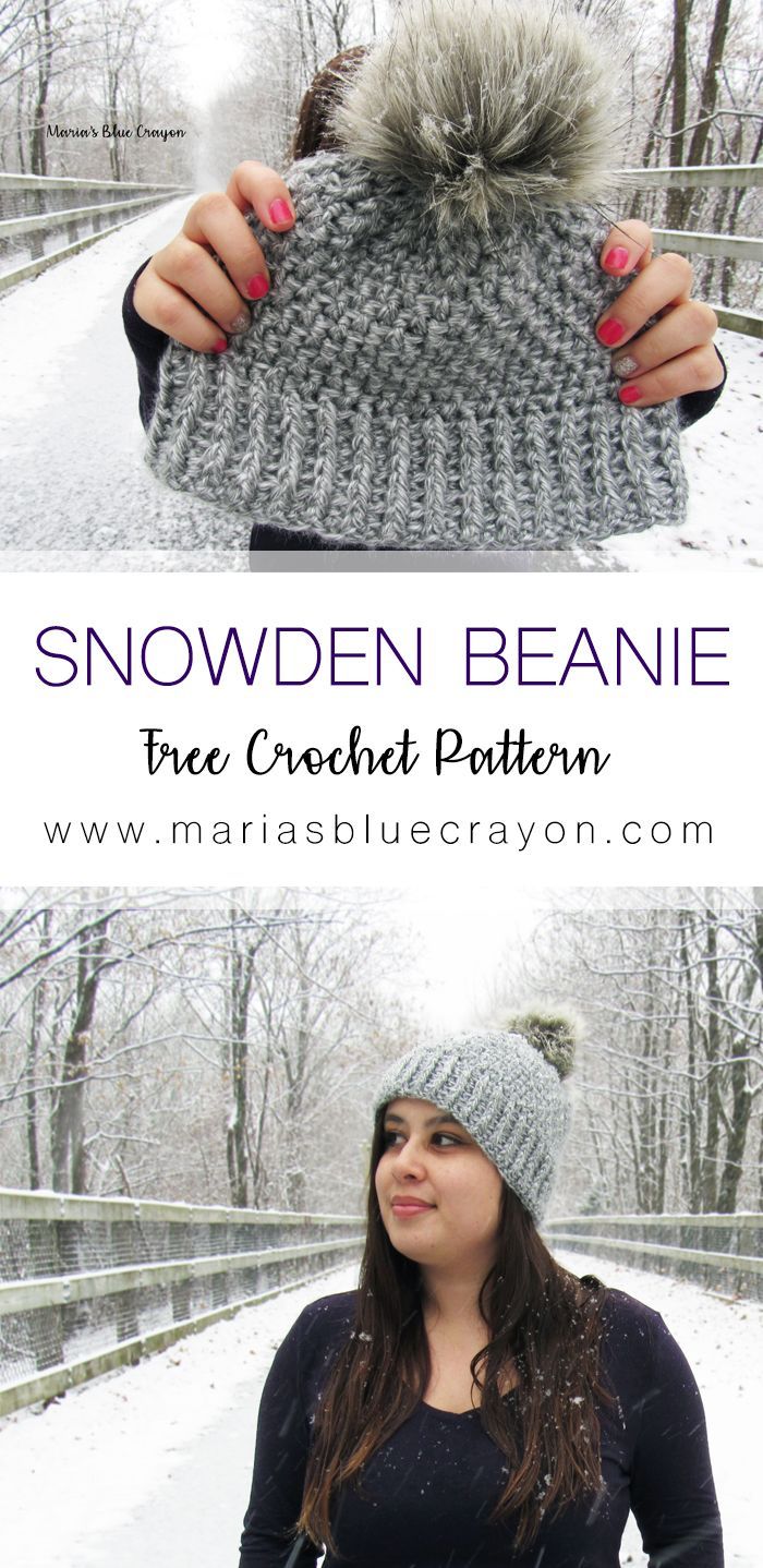 a woman wearing a gray hat with a pom - pom in the middle and text that reads, snowden beanie free crochet pattern