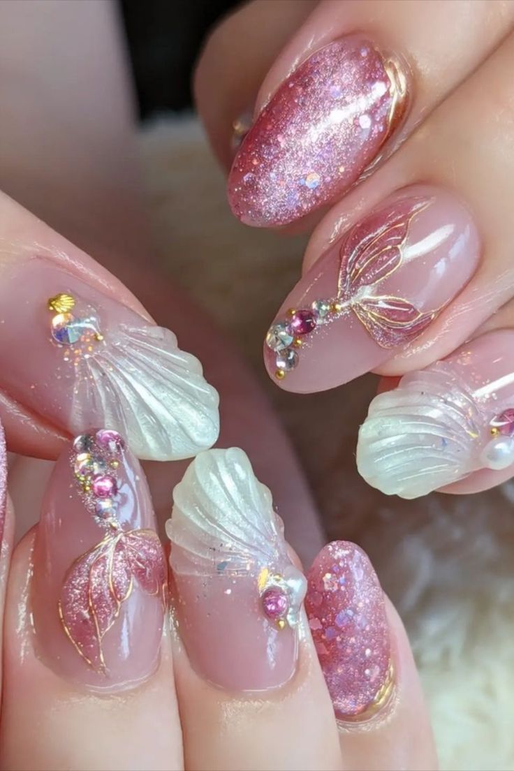 These mermaid nails by @nailsalon.airis.ai dazzle with glittery pink and shimmering white pearl accents. Adorned with intricate mermaid tail nail art and pretty gems, they capture a whimsical and enchanting underwater theme, perfect for adding a touch of magic to your manicure. Dive into 25 enchanting mermaid nail ideas on Nailustrous and transform your manicure into an undersea fantasy! Mermaid Nail Ideas, Mermaid Nail Designs, Bee Nail Designs, Tan Nail Polish, Forest Green Nails, Green Nails Designs, Sparkly Christmas Nails, Nail Designs Simple, Bow Nail Designs