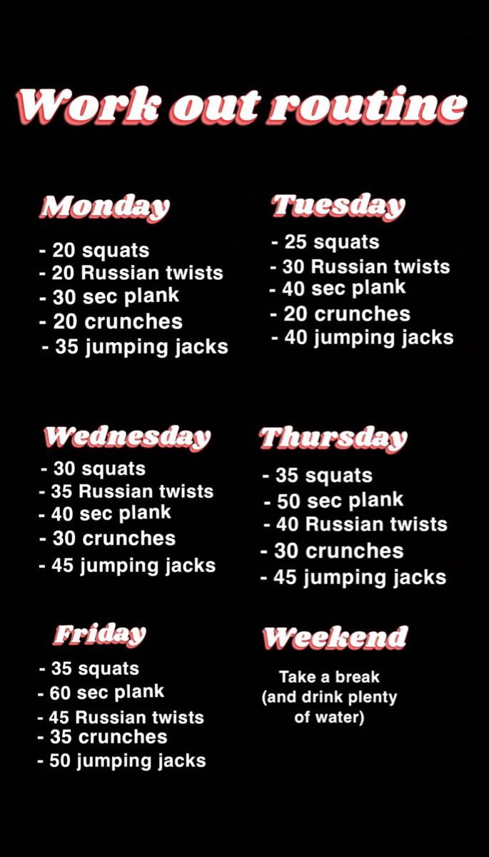 the workout schedule is shown in red and black, with pink lettering on it that says work out routine