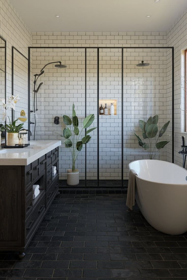 a white bath tub sitting next to a sink in a bathroom under a window with lots of greenery