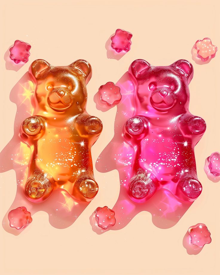 two gummy bears sitting next to each other on a pink surface with bubbles around them