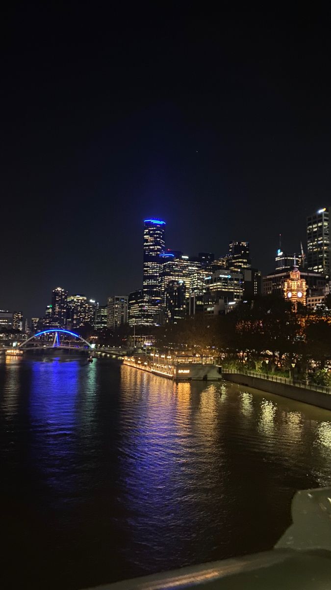 the city skyline is lit up at night