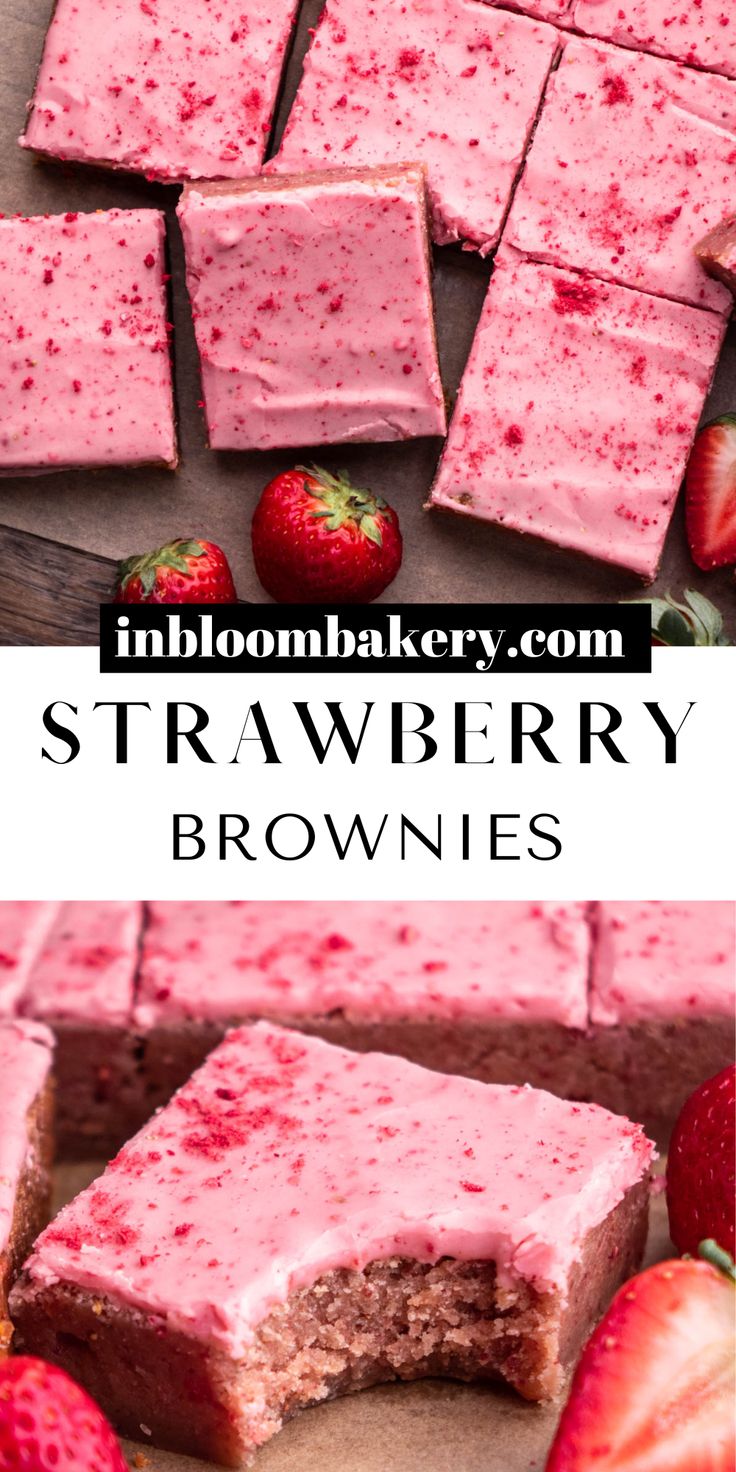 strawberry brownies cut into squares with strawberries on the side and text overlay