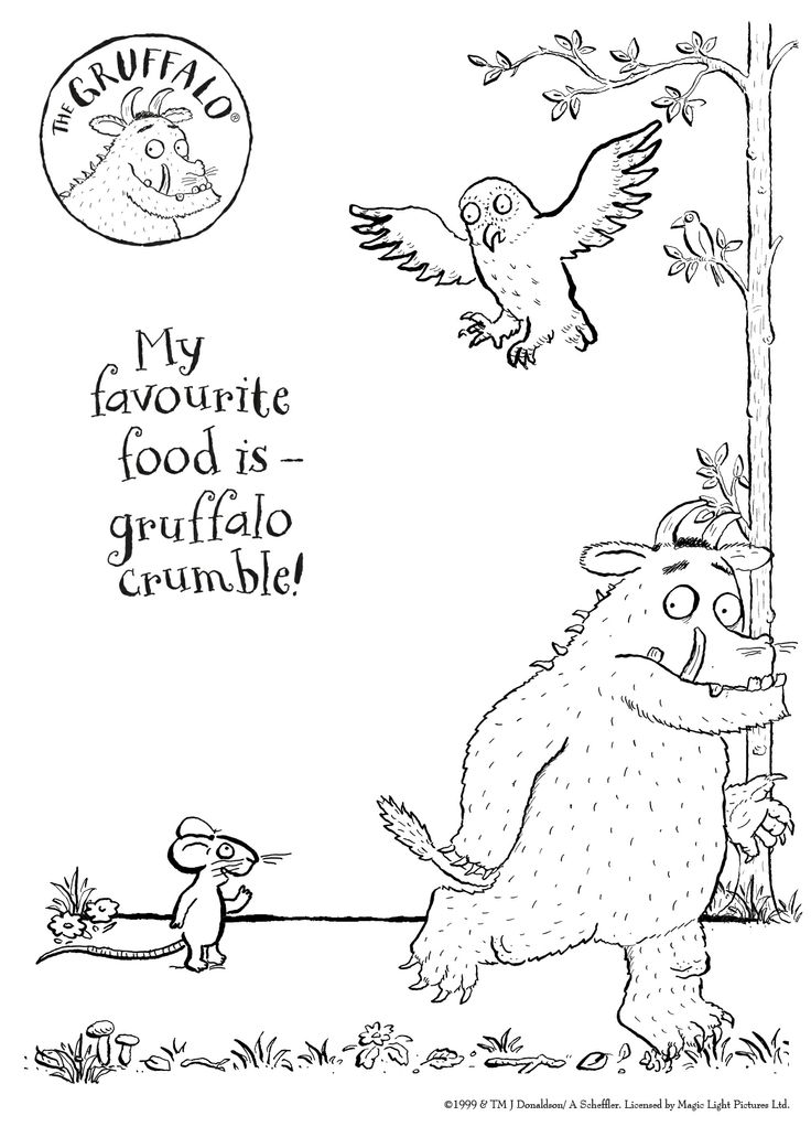 a drawing of a bear and a bird in front of a tree with the words, my favorite foods - grufflo crumble