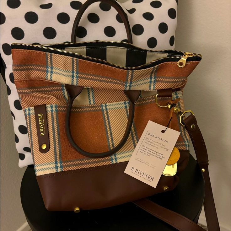 R. Riveter Plaid/Leather Otto Tote, Nwt. Everyday Bags With Brass Hardware For Fall, Fall Bags With Brass Hardware, Brown Coated Canvas Shoulder Bag With Brass Hardware, Fall Brown Coated Canvas Shoulder Bag, Designer Fall Shoulder Bag For Daily Use, Designer Daily Use Fall Shoulder Bag, Fall Shoulder Bag In Coated Canvas For On-the-go, Designer Shoulder Bag With Leather Trim For Fall, Plaid And Leather