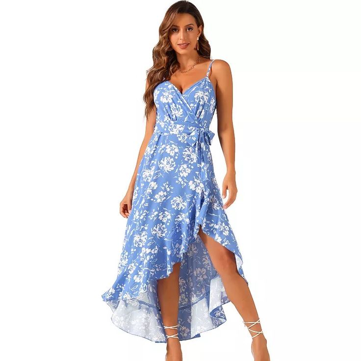 Women's Summer Spaghetti Strap Wrap V Neck Ruffle High Low Hem Sleeveless Floral Dress With Belt Floral Beach Dress, Mantel Outfit, Summer Spaghetti, Perfect Figure, Flower Skirt, Asymmetrical Skirt, Heels Sandals, Cami Dress, Premium Fabric