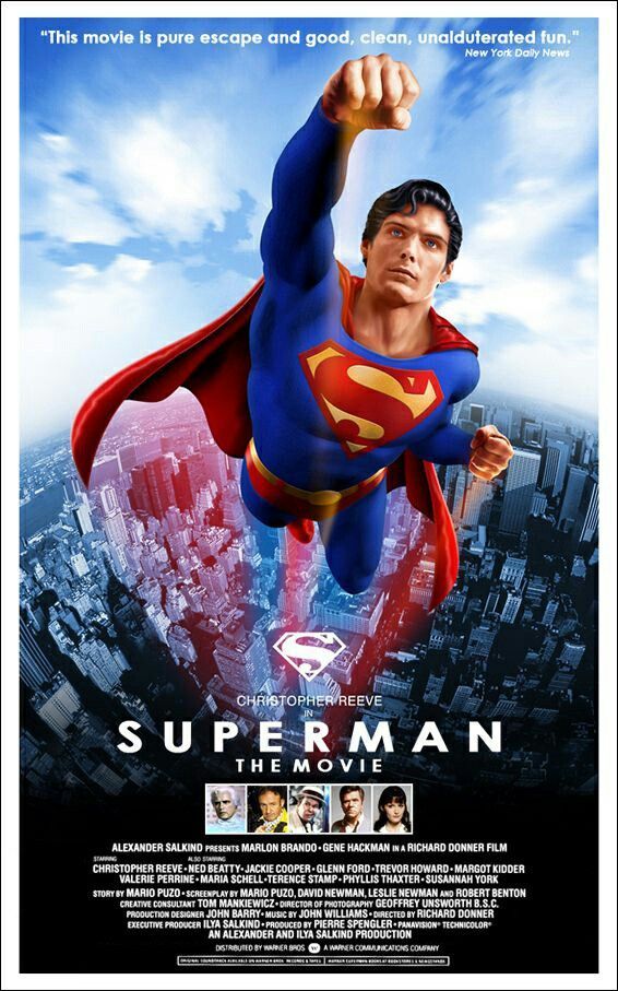 the superman movie poster is shown in full color and it looks like he's flying through