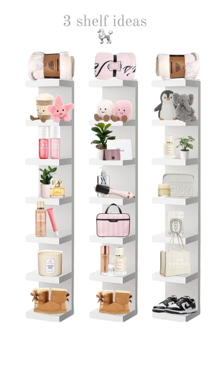 three shelving shelves with different items on them and the words 3 shelf ideas above it