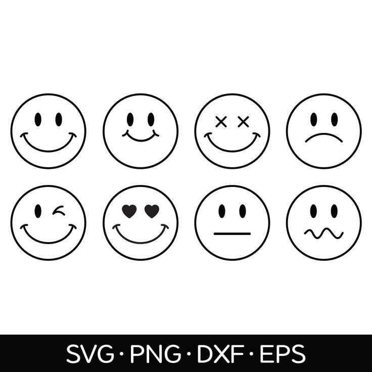 six smiley faces with different expressions and hearts in the middle, all drawn by hand