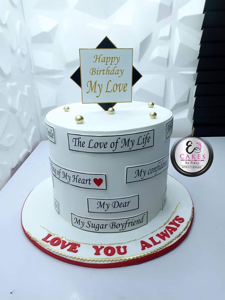 a birthday cake with the words happy birthday my love on it and an embossed topper