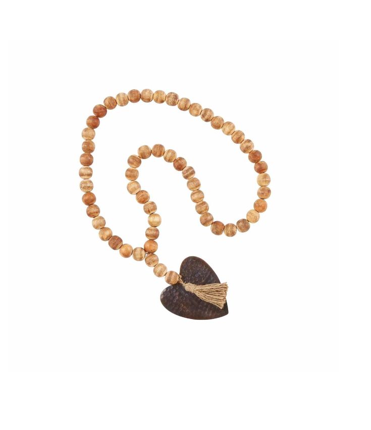 a wooden beaded necklace with a heart shaped pendant