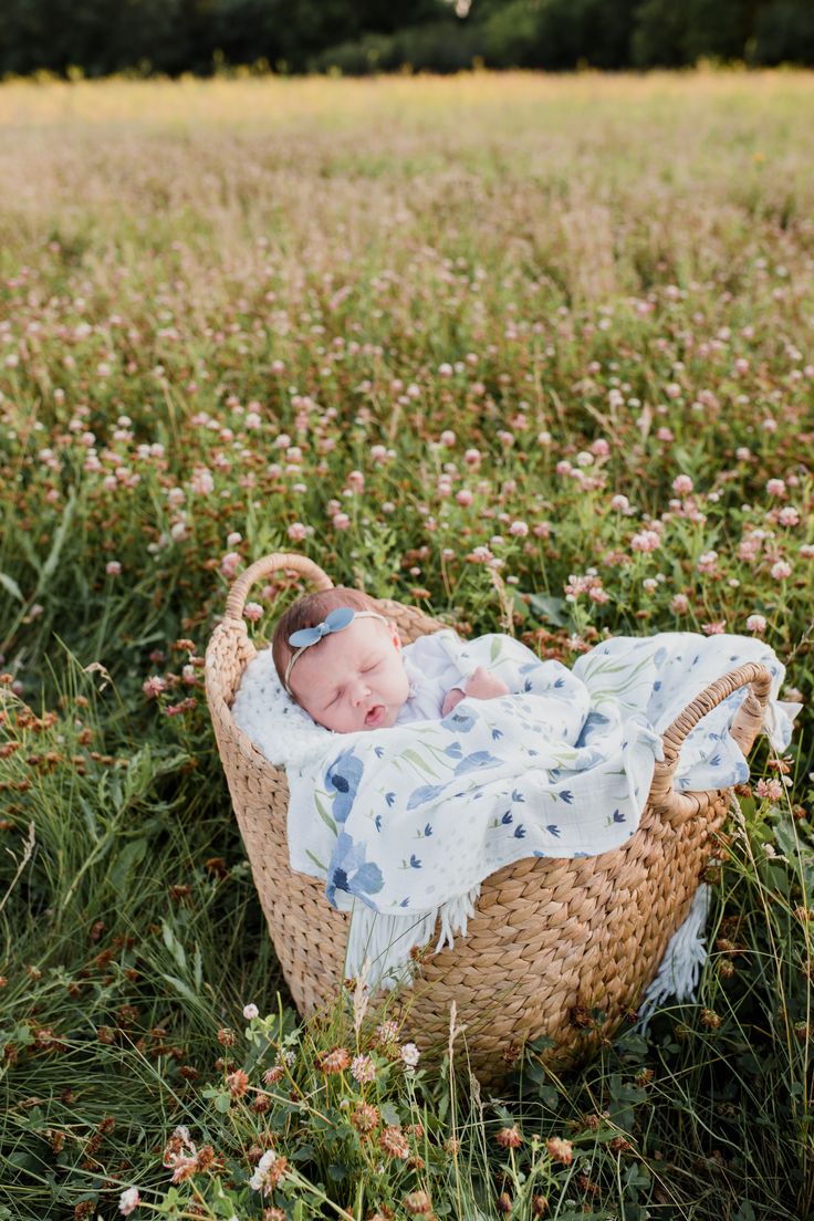 a baby wrapped in a blanket is laying in a basket on the grass and flowers