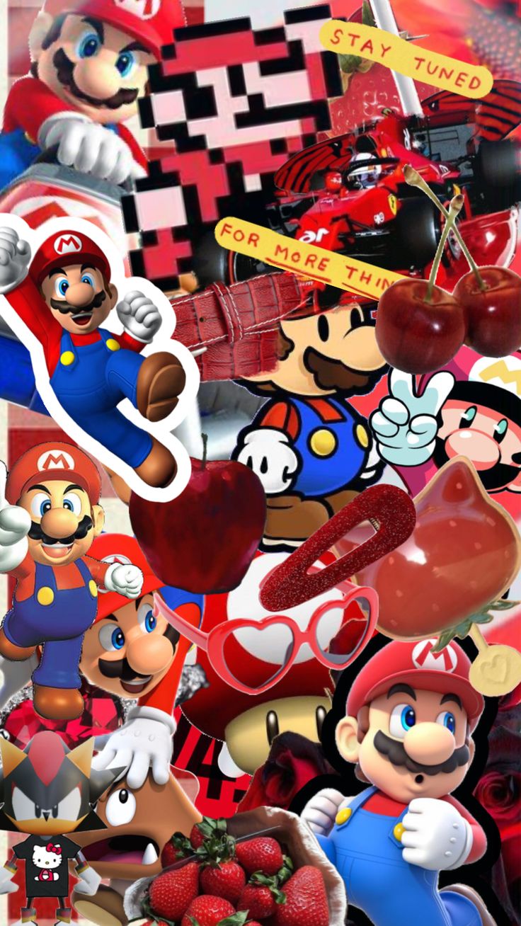 an image of mario and friends collaged together with each other in the background