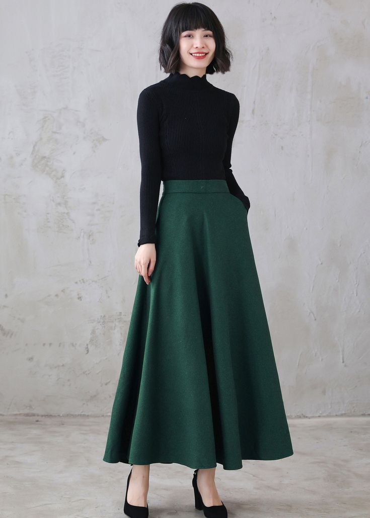 "This winter wool skirt is a classic piece of tailoring that will see you through rain or shine. It is cut with a flattering flared skirt to give you a wonderful shape. The winter skirt is perfect classic styling and ends at the ankle. This is a versatile skirt that you'll wear again and again. DETAILS: * More colors available https://etsy.me/3kURa6k * 30% wool, 30% fiber, 40% polyester * fully satiny liner * Two side pockets * Right zip closure * A little Back elastic, comfortable wear * Plus s Winter Full-length Pleated Skirt, Winter Fitted Solid Color Skirt, Fitted Solid Color Skirt For Winter, Formal Long Winter Skirt, Formal A-line Winter Skirt, Fitted Wool Skirt In A Solid Color, Winter Full Length Solid Skirt, Winter Full-length Solid Skirt, Winter Full Length Lined Skirt