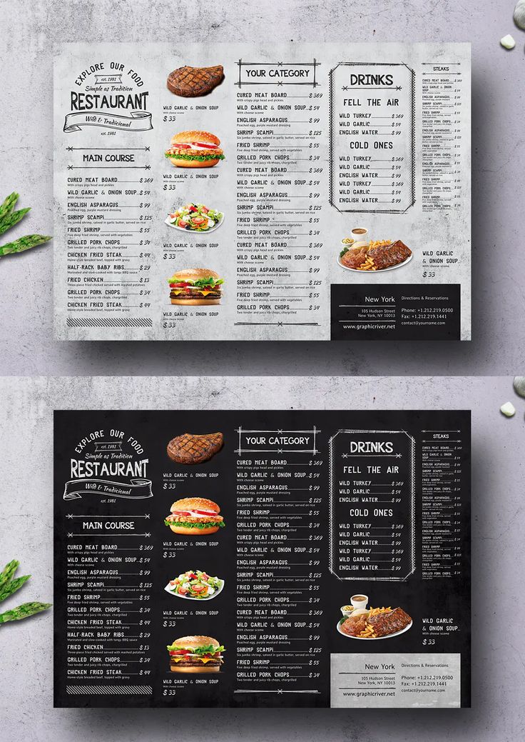 a restaurant menu is shown with different food items on the front and back pages, along with