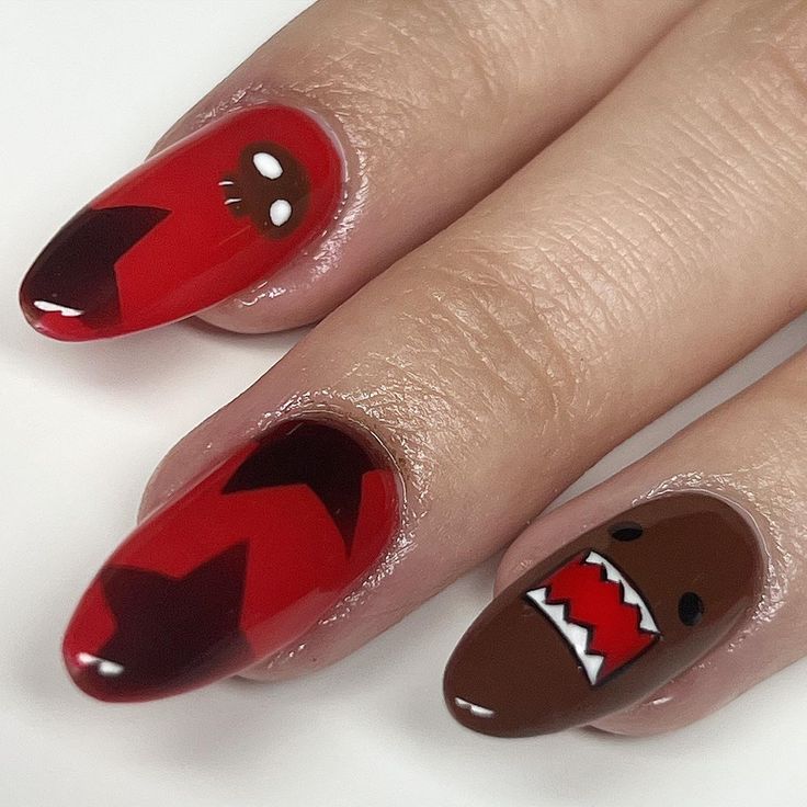 part 1 of my domo x pucca set Fully Painted Nails, Nail Art Designs Short Nails Simple, Short Acrylic Nails Spooky, Manicure Ideas Halloween, Emo Gel Nails, Punk Nails Designs, Nail Ideas Acrylic Halloween, Red Nails Grunge, Kimi Ni Todoke Nails