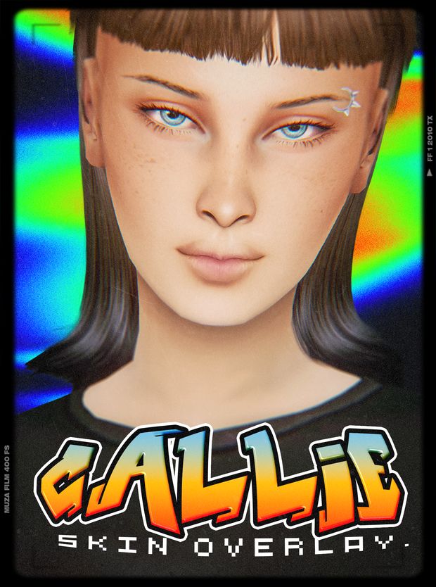 a girl with long hair and blue eyes has the words gallie skinoverlay on it