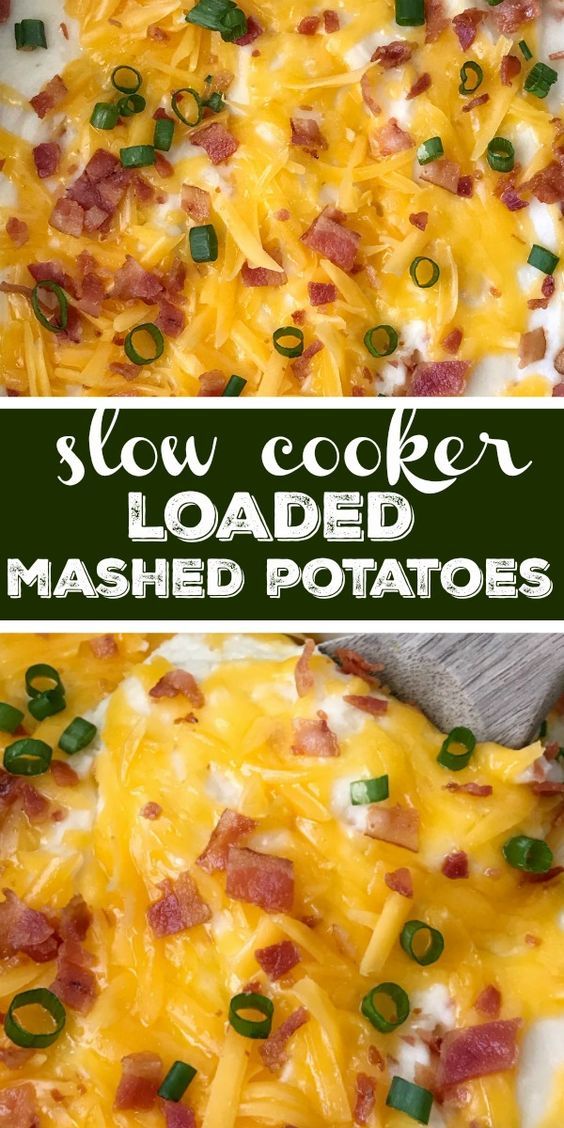 this slow cooker loaded mashed potatoes has bacon, cheese and green onions on top