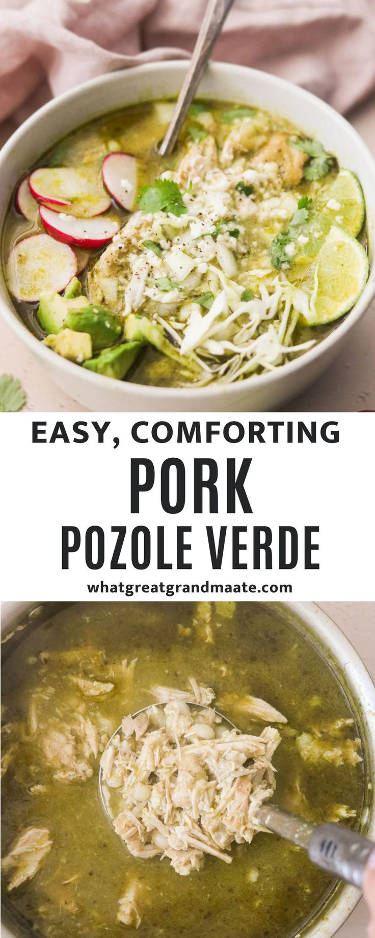 a bowl of pork pozole veggie soup is shown with the words easy, comforting pork pozole vegetable soup