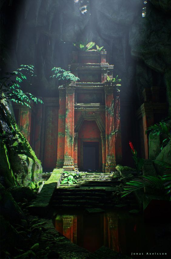 the light shines through the trees and onto an old building in a jungle like setting